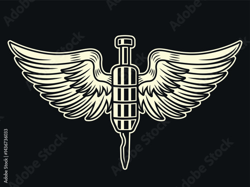 Vintage tattoo machine needle with wings vector illustration. Classic dark on black style element for tattoo studios, artists, and ink lovers