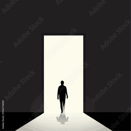 Silhouette walking towards a bright door in a dark room - icon  