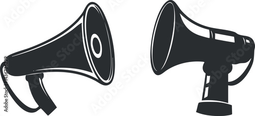 Black silhouette illustration of two megaphones facing each other symbolizing communication and amplification