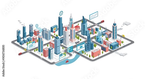 Isometric city illustration with buildings roads cars and river on a white background vector design