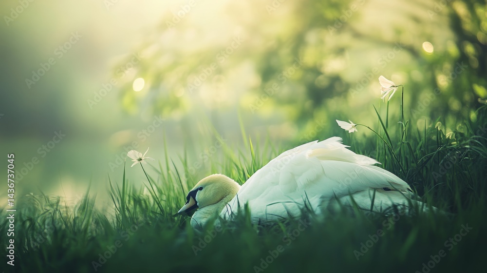 Serene white swan on lush green grass in a summer meadow with tranquil nature and bokeh effect Serene white swan on lush green grass in a summer meadow with tranquil nature and bokeh effect