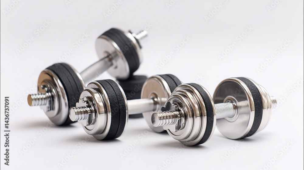 Pair of metallic dumbbells placed diagonally on a white surface, symbolizing strength and training. Pair of metallic dumbbells placed diagonally on a white surface, symbolizing strength and training.