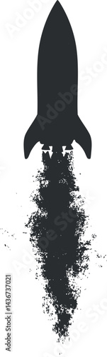 Silhouette of a rocket launching with a smoky blast trail representing space exploration and technology