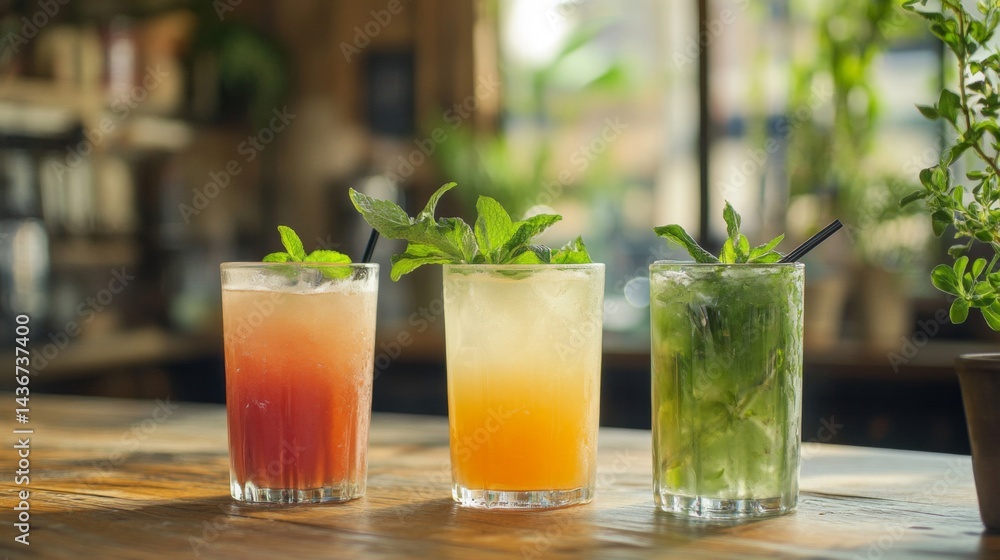 Fototapeta premium Three Colorful Cocktails with Mint Garnishes on Wooden Bar