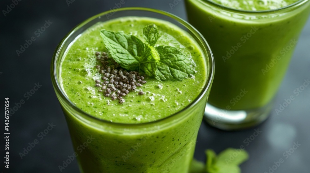 Closeup Vibrant Green Smoothie with Mint and Chia Seeds Closeup Vibrant Green Smoothie with Mint and Chia Seeds