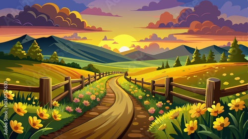 A picturesque rural landscape at sunset showcasing a serene dirt path bordered by vibrant yellow flowers and a wooden fence leading into the horizon