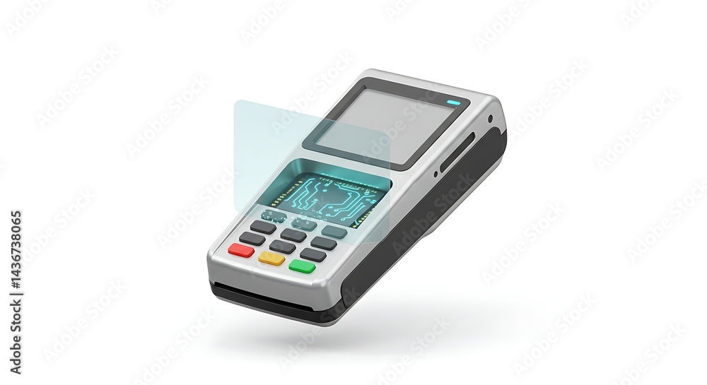 A pos terminal with a circuit board design on the keypad and a screen on a white background A pos terminal with a circuit board design on the keypad and a screen on a white background
