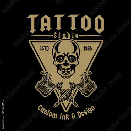 Tattoo studio vector vintage style emblem with skull and tattoo machine. Perfect for emblems, apparel, stickers, and branding. Bold, edgy design for professional tattoo artists and enthusiasts