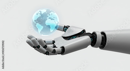 A robot hand holding a glowing blue earth globe on a white background in a futuristic style