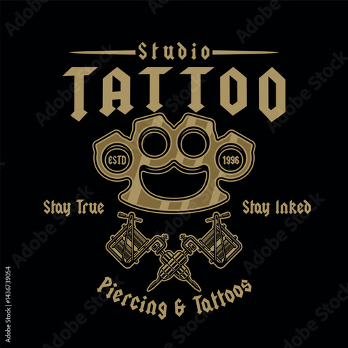 Tattoo studio emblem with brass knuckles and tattoo machines. Classic vector illustration in retro style, perfect for badges, t-shirt prints and tattoo related designs