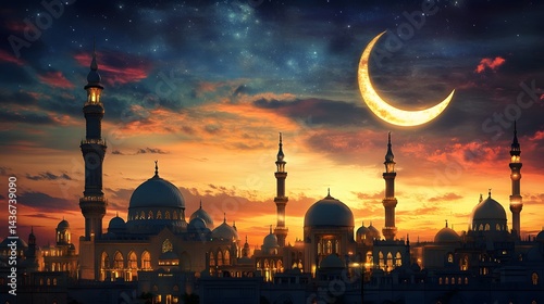 Silhouette of illuminated mosques under a crescent moon at dusk.