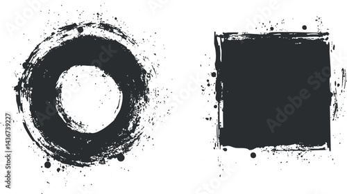 Black grunge circle and square frames with paint splatters and rough textured edges on white background