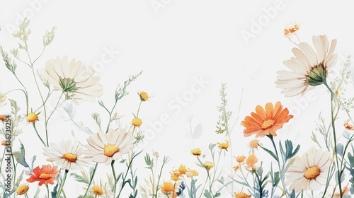 watercolor botanical Chamomile flowers texture template background.Elegant wedding invitation card background . Minimal hand painted Design for wedding or Valentine's Day