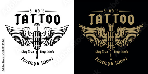 Tattoo machine needle with wings vector illustration in two styles. Classic style emblem for tattoo studios, artists, and ink lovers. Retro inspired design with detailed engraving elements