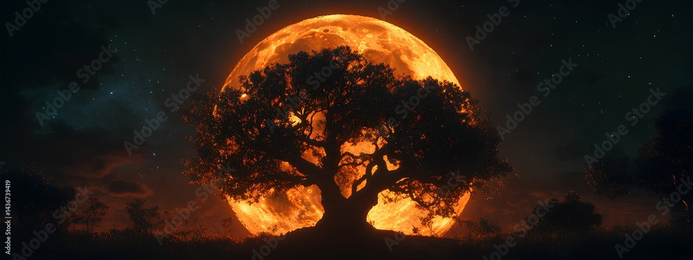 Surreal Tree and Full Moon Fantasy Landscape with Starry Night Sky, Dreamlike Atmosphere Surreal Tree and Full Moon Fantasy Landscape with Starry Night Sky, Dreamlike Atmosphere