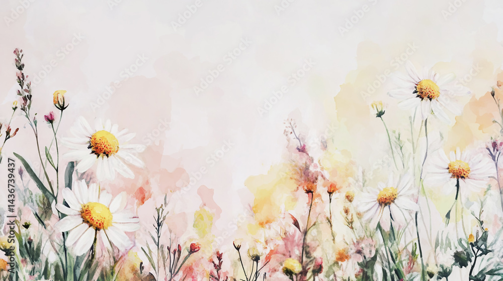 watercolor botanical Chamomile flowers texture template background.Elegant wedding invitation card background . Minimal hand painted Design for wedding or Valentine's Day watercolor botanical Chamomile flowers texture template background.Elegant wedding invitation card background . Minimal hand painted Design for wedding or Valentine's Day