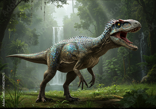 Fototapeta Naklejka Na Ścianę i Meble -  A large dinosaur in a lush jungle environment with a waterfall in the background, prehistoric animal, fantasy illustration.