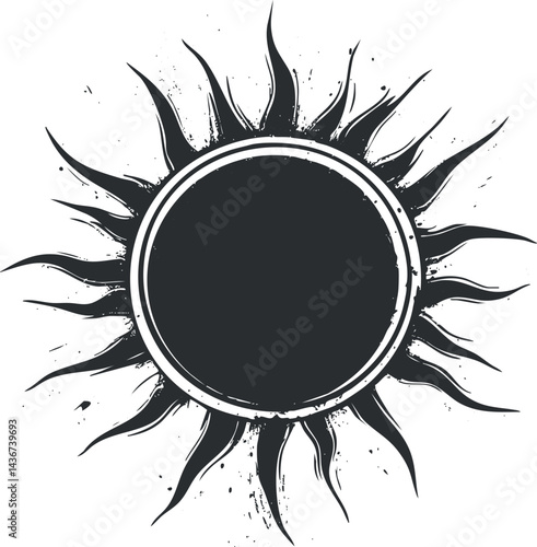 Black and white grunge sun illustration with abstract rays in a circular design