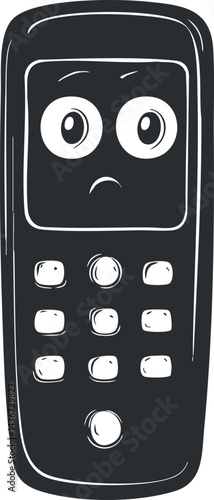 Black and white cartoon illustration of a retro mobile phone with a confused facial expression on the screen