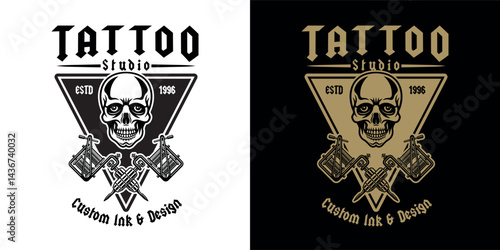 Tattoo studio vector emblem with skull and tattoo machine in two styles. Perfect for apparel, stickers, and branding. Bold, edgy design for professional tattoo artists and enthusiasts