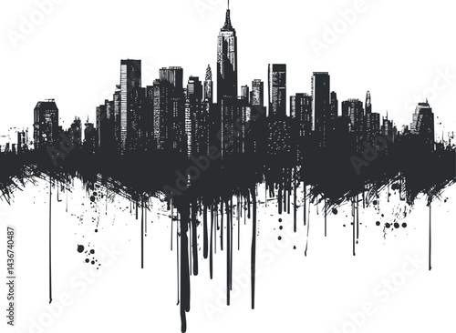 Black and white grunge style city skyline silhouette with dripping paint effect on white background