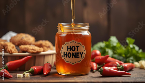 Wallpaper Mural Hot honey with Red Chili Peppers in a glass jar, surrounded by red chili peppers and crispy chicken pieces. Perfect for culinary and food product themes. Torontodigital.ca