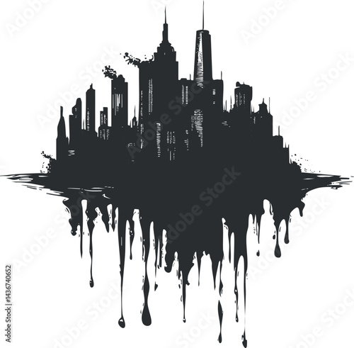 Abstract black and white city skyline silhouette with dripping paint effect and grunge style