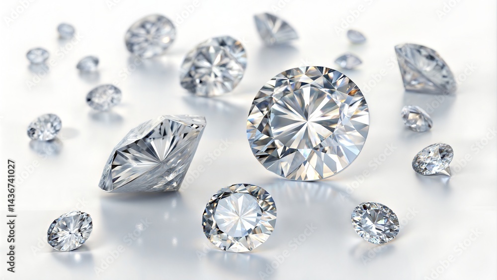 Panoramic shot of finely cut diamonds on a white background, reflecting light on the surface. (Jewelry) Panoramic shot of finely cut diamonds on a white background, reflecting light on the surface. (Jewelry)