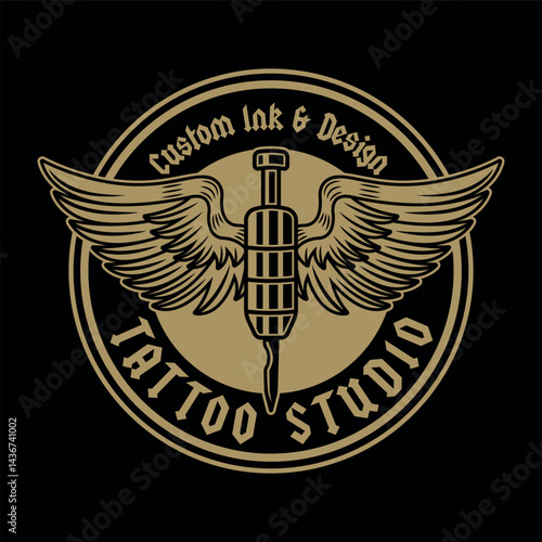 Tattoo machine needle with wings vector illustration. Classic style emblem for tattoo studios, artists, and ink lovers. Retro-inspired design with detailed engraving elements