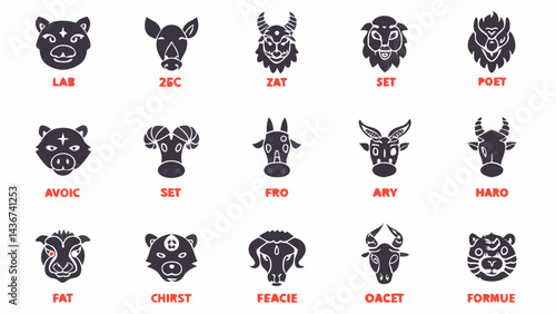 Collection of fifteen stylized animal heads including a pig, goat, bull, sheep, and bear variations created with generated ai
