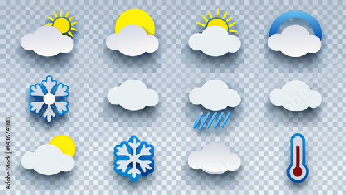 Illustration of weather icons including sun clouds snowflake rainbow rain and thermometer icons set up created with generated ai