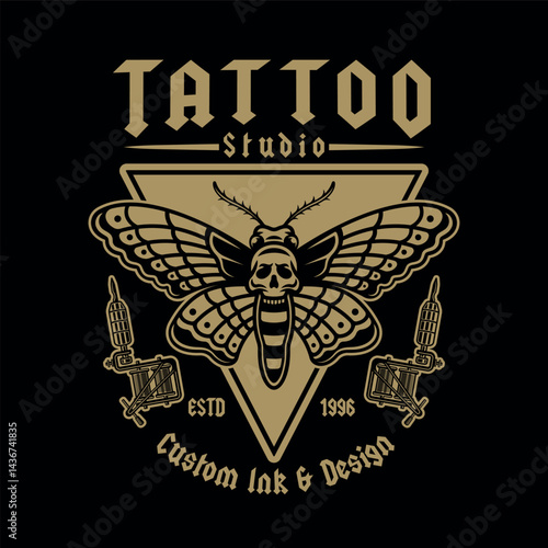 Tattoo studio emblem with moth and tattoo machine. Classic gold color style vector illustration in gothic and old school style. Perfect for tattoo designs, prints, and artistic compositions