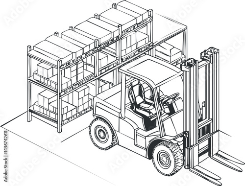 Black and white line drawing of forklift operating in warehouse with shelves full of boxes and cargo
