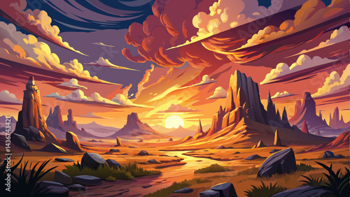 A breathtaking sunset over a vast landscape featuring rocky formations, golden grasses, and vibrant clouds illuminating the sky with radiant hues