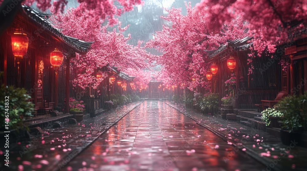 Naklejka premium Street with traditional buildings lined with pink blossom trees and red lanterns.