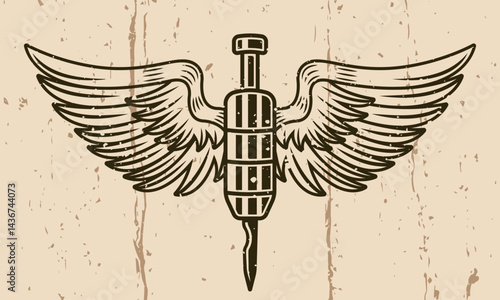 Vintage tattoo machine needle with wings vector illustration. Classic style element for tattoo studios, artists, and ink lovers