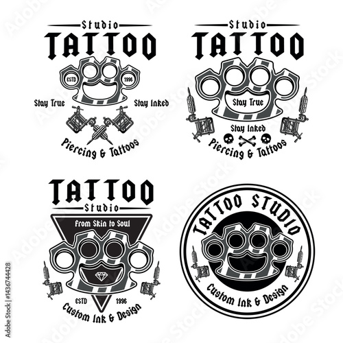 Vintage tattoo studio set of emblems with brass knuckles and tattoo machines. Classic monochrome vector illustration in retro style, perfect for badges, t-shirt prints and tattoo related designs