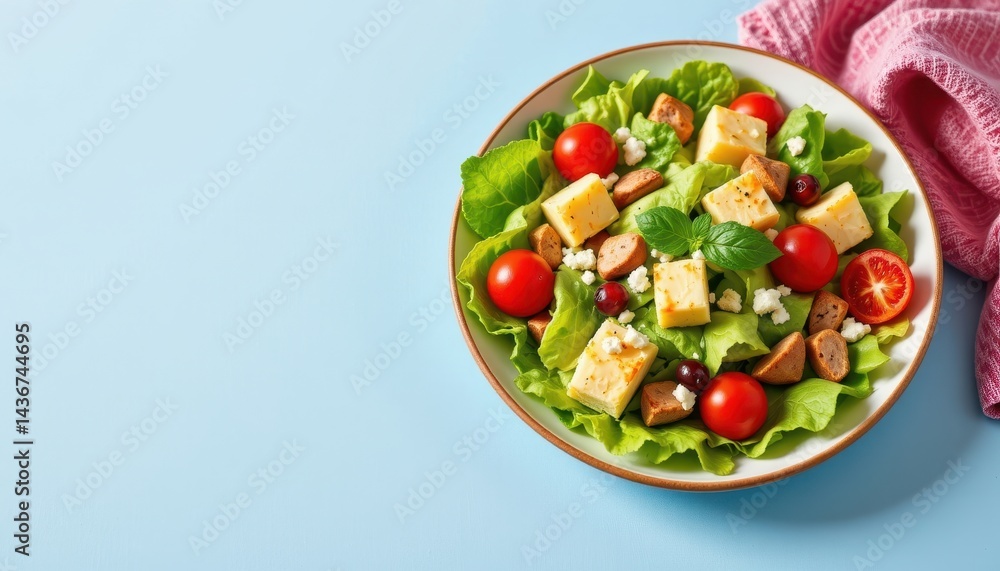 Tempting caesar salad in the bottom left corner on a pale blue background, in a clean food photography style, with soft window radiance, spacious layout, high resolution Tempting caesar salad in the bottom left corner on a pale blue background, in a clean food photography style, with soft window radiance, spacious layout, high resolution