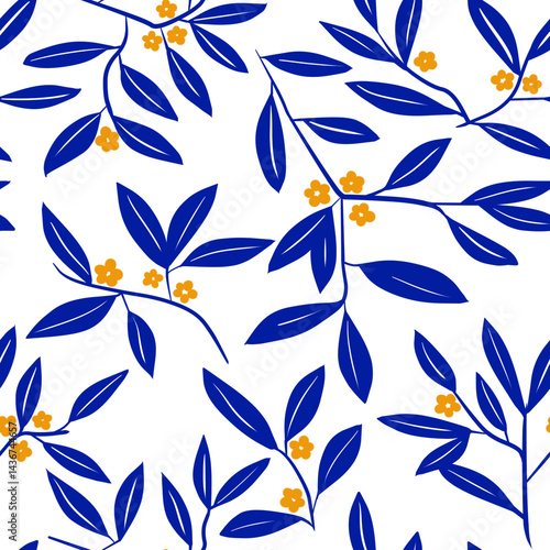 timeless seamless blue foliage with yellow flower pattern, mediterranean, greek blue pattern for summer, stationery, fabric designs