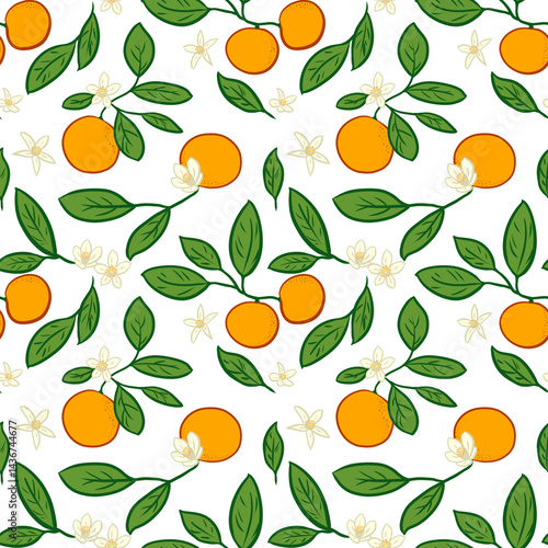 seamless pattern of oranges with leaves and flowers mediterranean pattern for summer, stationery and fabric design