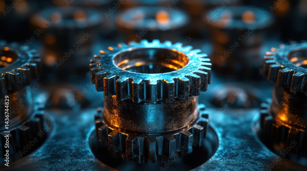 Close-up of interlocking metal gears with blue and orange lighting. Close-up of interlocking metal gears with blue and orange lighting.