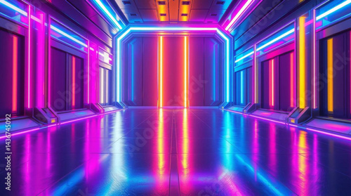 Neon lit futuristic corridor with glowing doors and reflective floor space creates a vibrant scene created with generative ai