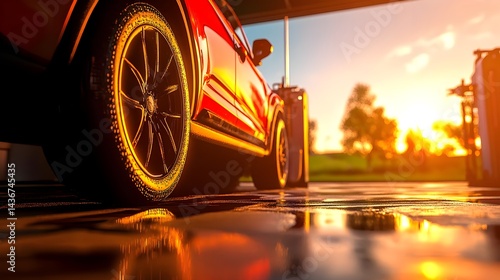 Car in Garage with Reflection During Sunset at a Car Wash