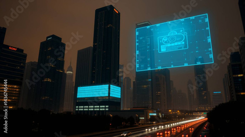 Night cityscape featuring illuminated skyscrapers and a large digital display with camera icon at night created with generative ai