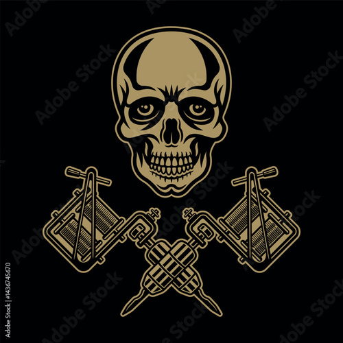 Skull with two crossed tattoo machines vintage vector illustration. Perfect for tattoo studio emblems, apparel designs, stickers, and edgy graphic artwork with a rebellious touch