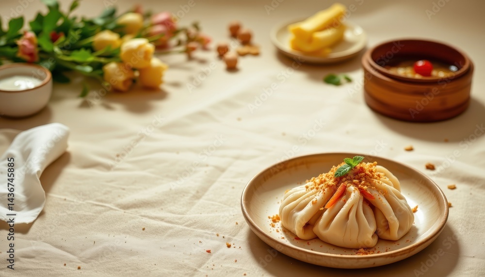 Tempting dim sum in the bottom right corner on a cream background, in a clean food photography style, with moody directional radiance, spacious layout, high resolution Tempting dim sum in the bottom right corner on a cream background, in a clean food photography style, with moody directional radiance, spacious layout, high resolution