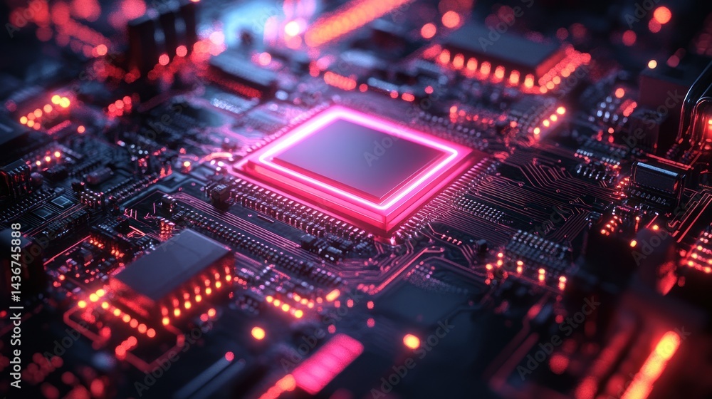 Illuminated circuit board with central processor unit surrounded by components. Illuminated circuit board with central processor unit surrounded by components.