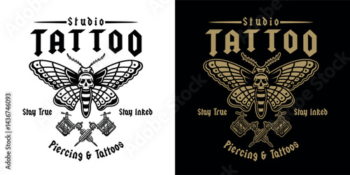 Tattoo studio emblem with moth and tattoo machine. In two styles vector illustration in gothic and old school style. Perfect for tattoo designs, prints, and artistic compositions