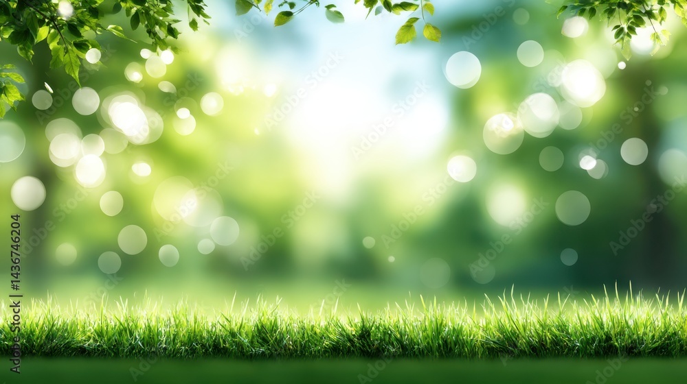 Green meadow with bokeh lights and foliage Green meadow with bokeh lights and foliage