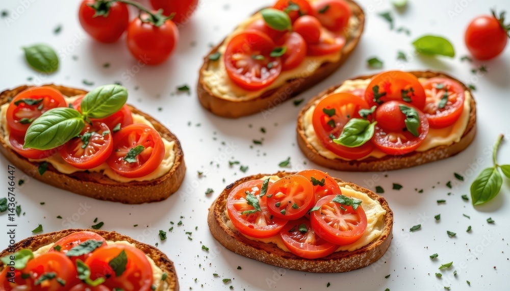 Tempting bruschetta in the top right corner on a white background, in a clean food photography style, with soft window radiance, spacious layout, high resolution Tempting bruschetta in the top right corner on a white background, in a clean food photography style, with soft window radiance, spacious layout, high resolution